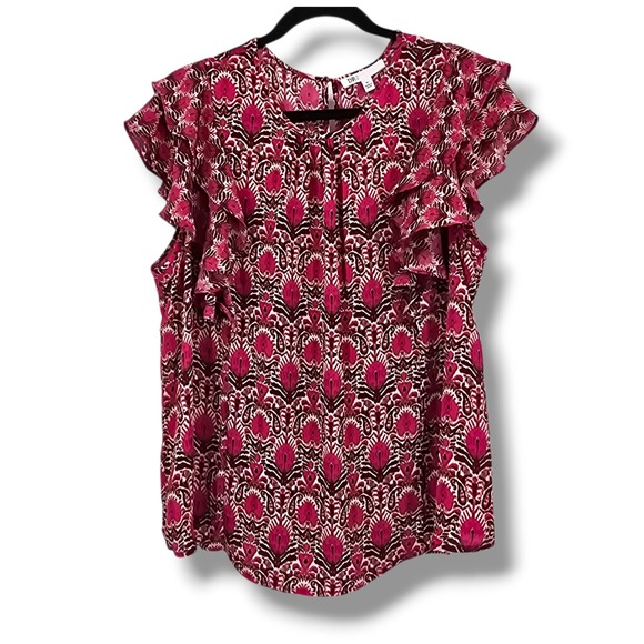 New DR2 Ruffle Sleeve Blouse Women's XL Pink Brown Paisley Print Top - Picture 1 of 12